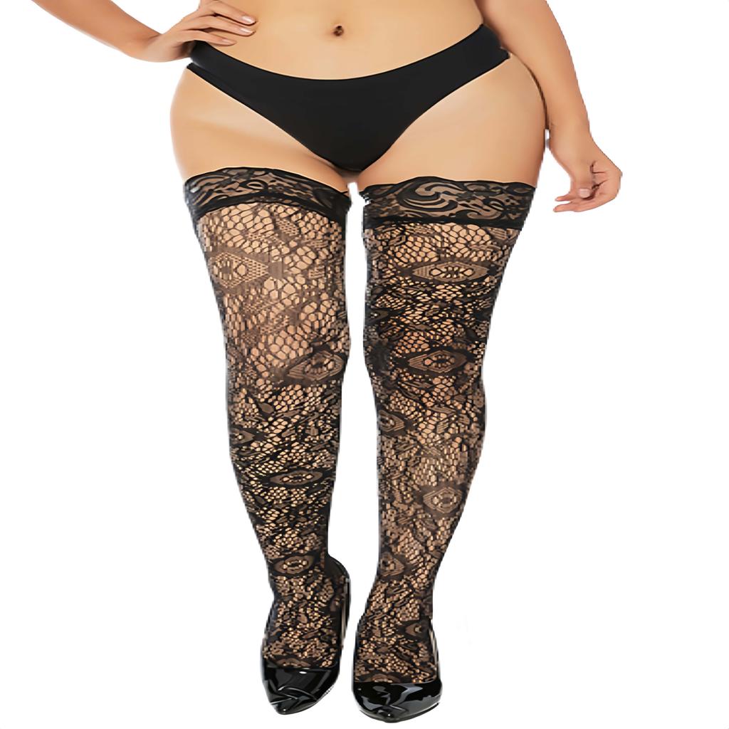 Plus Size Women's Lace Top Mesh Thigh High Sheer Stockings Anti Skid Silicone Fishnet Long Socks Over Knee Stocking Sexy Pantyhose