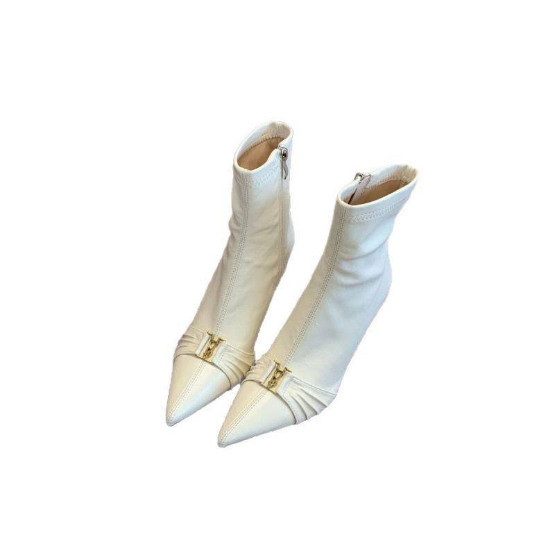 2025 autumn and winter new fashion thin boots pointed glossy high-heeled short boots belt buckle thin-heeled short boots fashion boots