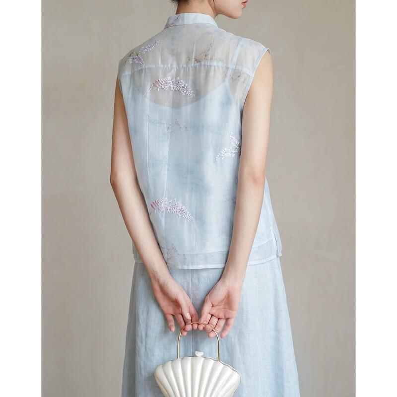 Demana Women's Summer Chinese Style Embroidered Linen Blend Set