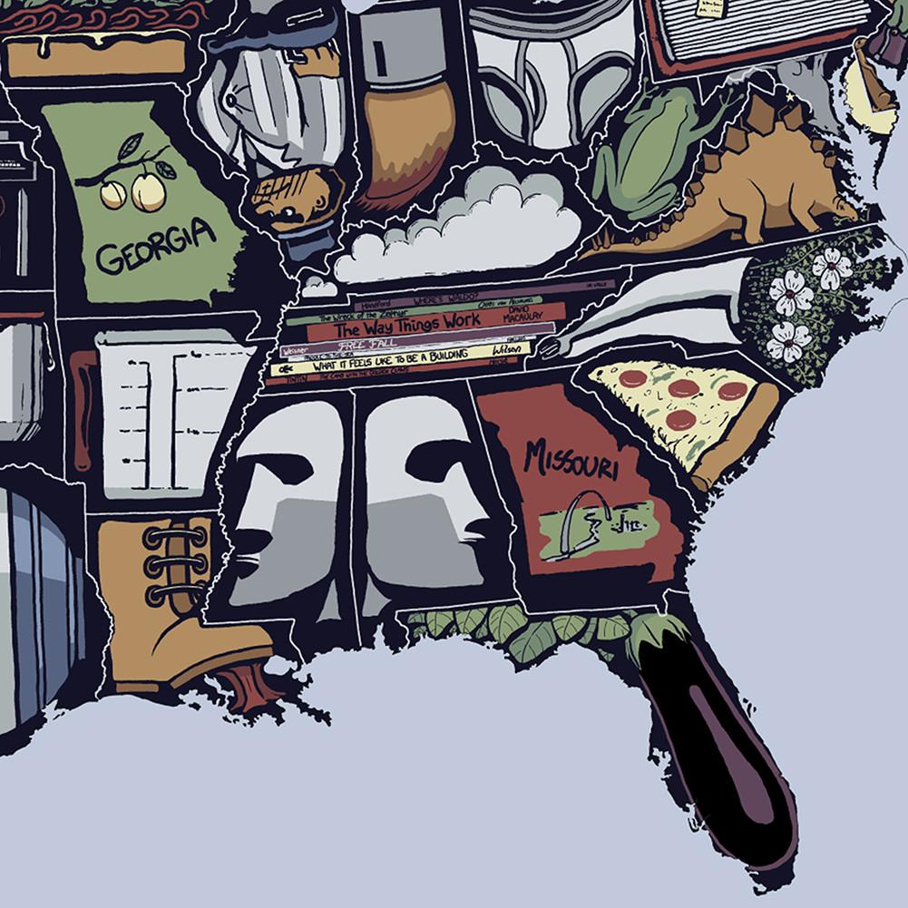 English Language-Abstract Art Map-United States,Frameless Wall Hanging Decor,Geographical Tool,Tourism/education Tool