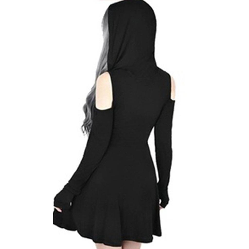 Damenmode Gothic-Farbe mit Kapuze, tief geschnitten, kalte Schulter, Reißverschlusskleid