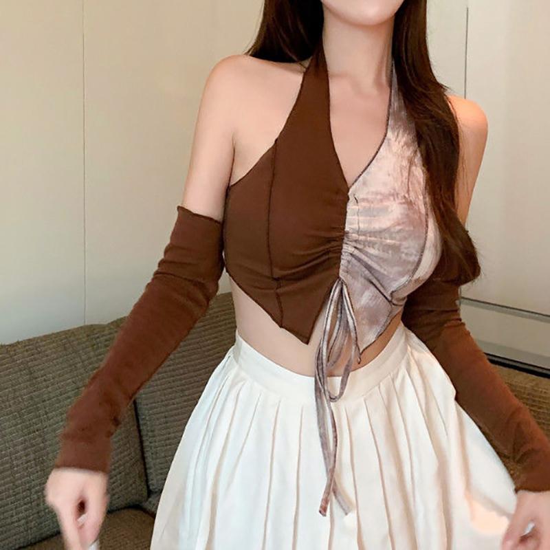 WTEMPO Primăvară Toamnă Noi tricouri neregulate cu halter de cafea femei cu șnur subțire, cu umeri, cu mâneci lungi, topuri Streetwear