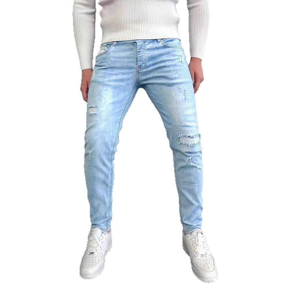 Summer New Men'S Slim-Fit Ripped Jeans Elastic Trousers Men'S Pants Light Blue