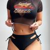 Women's Swimwear Solid Color Mesh Print Top High Waist Hollow Three Piece Sexy Bikini Separate Suit Beach Wear