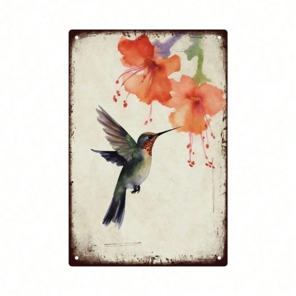 Metal Wall Art Retro Hummingbird with Wild Flowers for Living Room