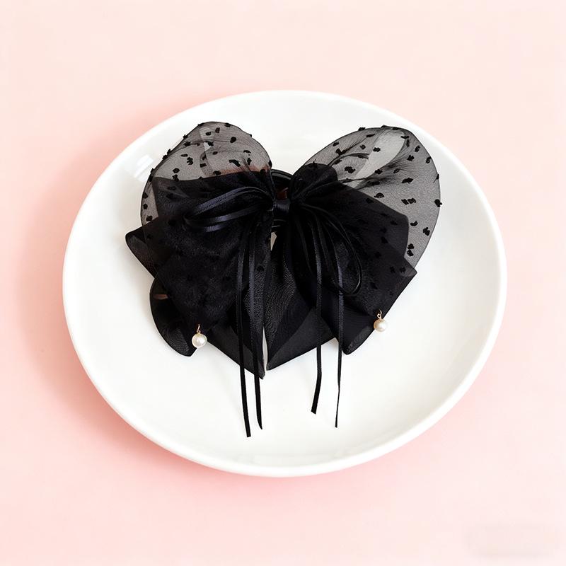 Korean Polka Dot Bow Claw Clip with Pearl Pendant for Half-Up Hairstyles чёрный