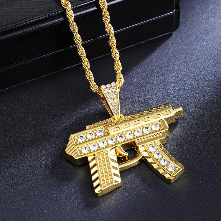 2026 Diamond-Inlaid Submachine Gun Pendant Necklace with European & American Style, Stainless Steel Twist Sweater Chain