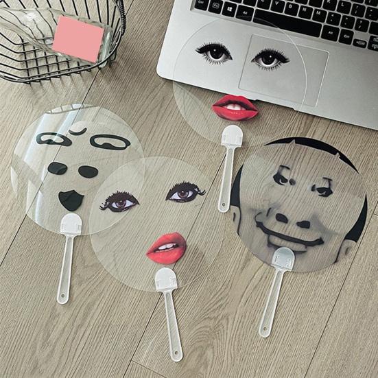 Transparent Funny Expression Round Fan with Long Handle Waterproof PVC Portable Lightweight Outdoor Travel Summer Handheld Fan Photo Props