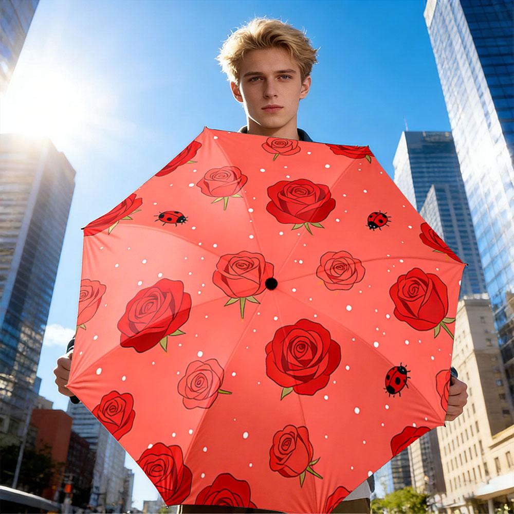 Decorative Round Red Roses Ladybugs Red Folding Umbrella with Roses Print