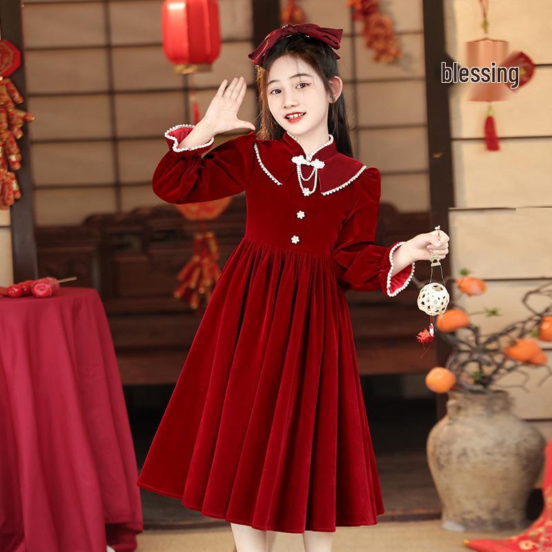 

Girls Winter 2025 Fashionable Red Fleece-lined Dress for Autumn and Winter - Children s Middle and Big Kids Winter Clothing 130 cm