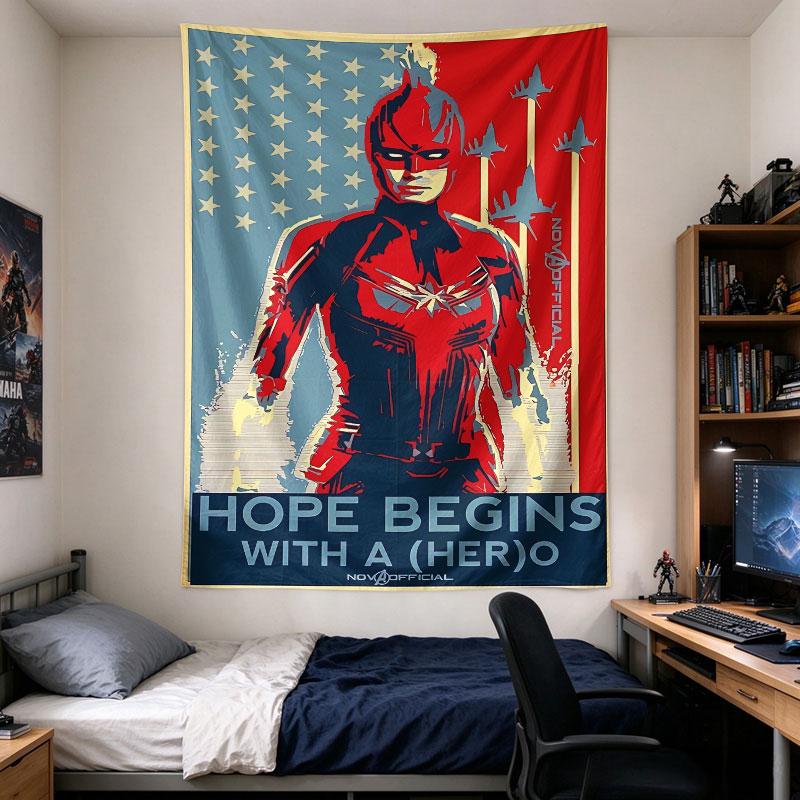 Captain Marvel hero, propaganda style with Brie Larson in a red-blue suit over star-striped field, HOPE BEGINS WITH A HERO text, wall tapestry