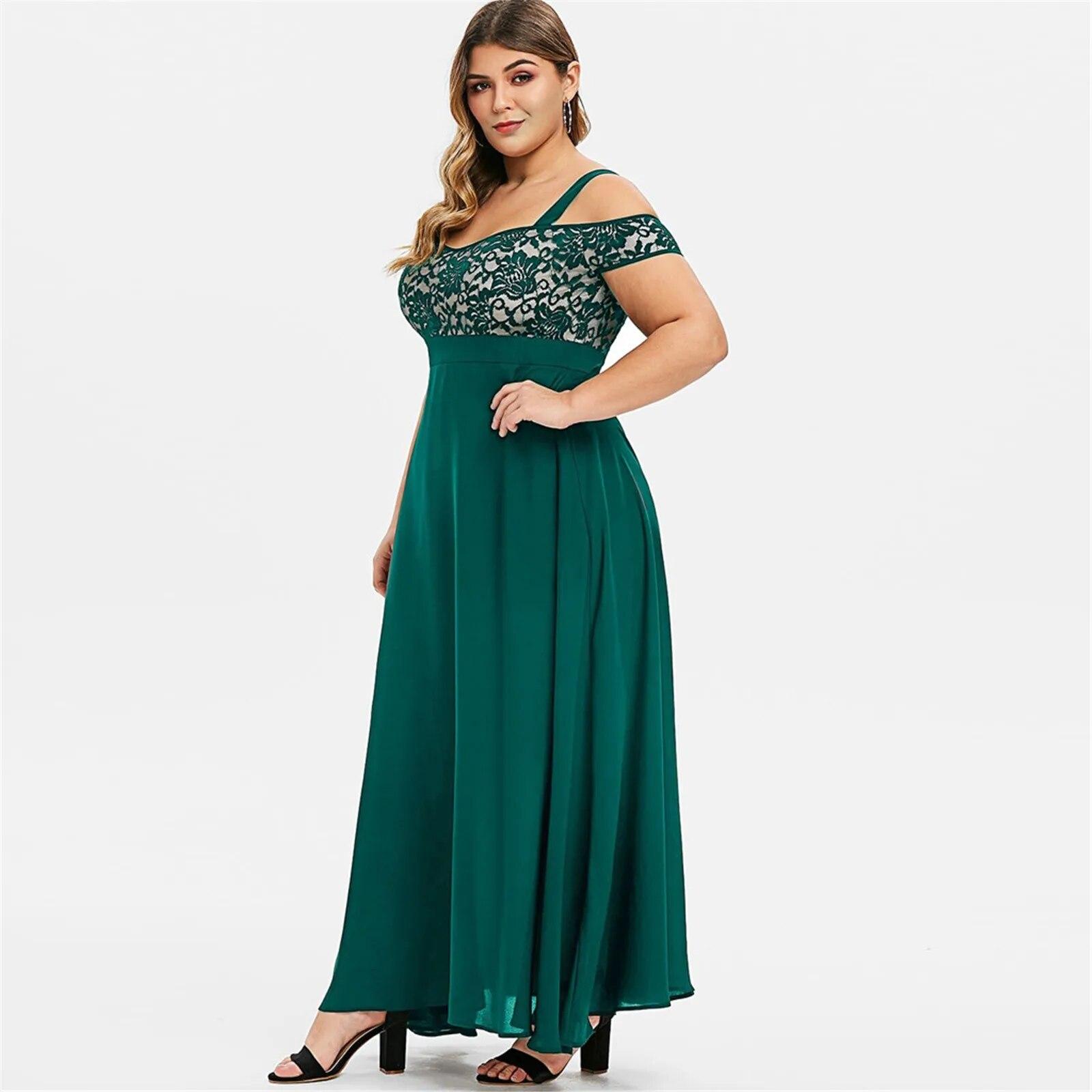 

Women Plus Size Dresses Cold Shoulder Floral Lace Maxi Long Dress XL зелений