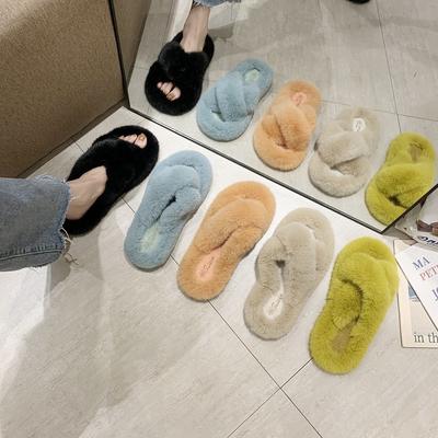 Mao Mao Slippers Women's 2025 Autumn New Cross Thick-bottomed Imitation Rabbit Fur Flat-bottomed Casual Outer Wear One-word Home Slippers