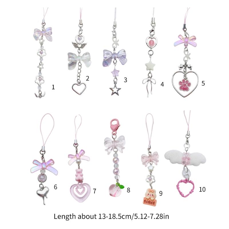 Bowknot Heart Pendant Cellphone Strap Phone Chain Detachable Beaded Phone Lanyard Handmade Keychains for Wallet Bag