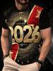 Men's 3D Printed T-Shirt with 2025 New Year and Gold Numbers Design - Breathable Soft Fabric, Red and Gold Glitter Party Shirt