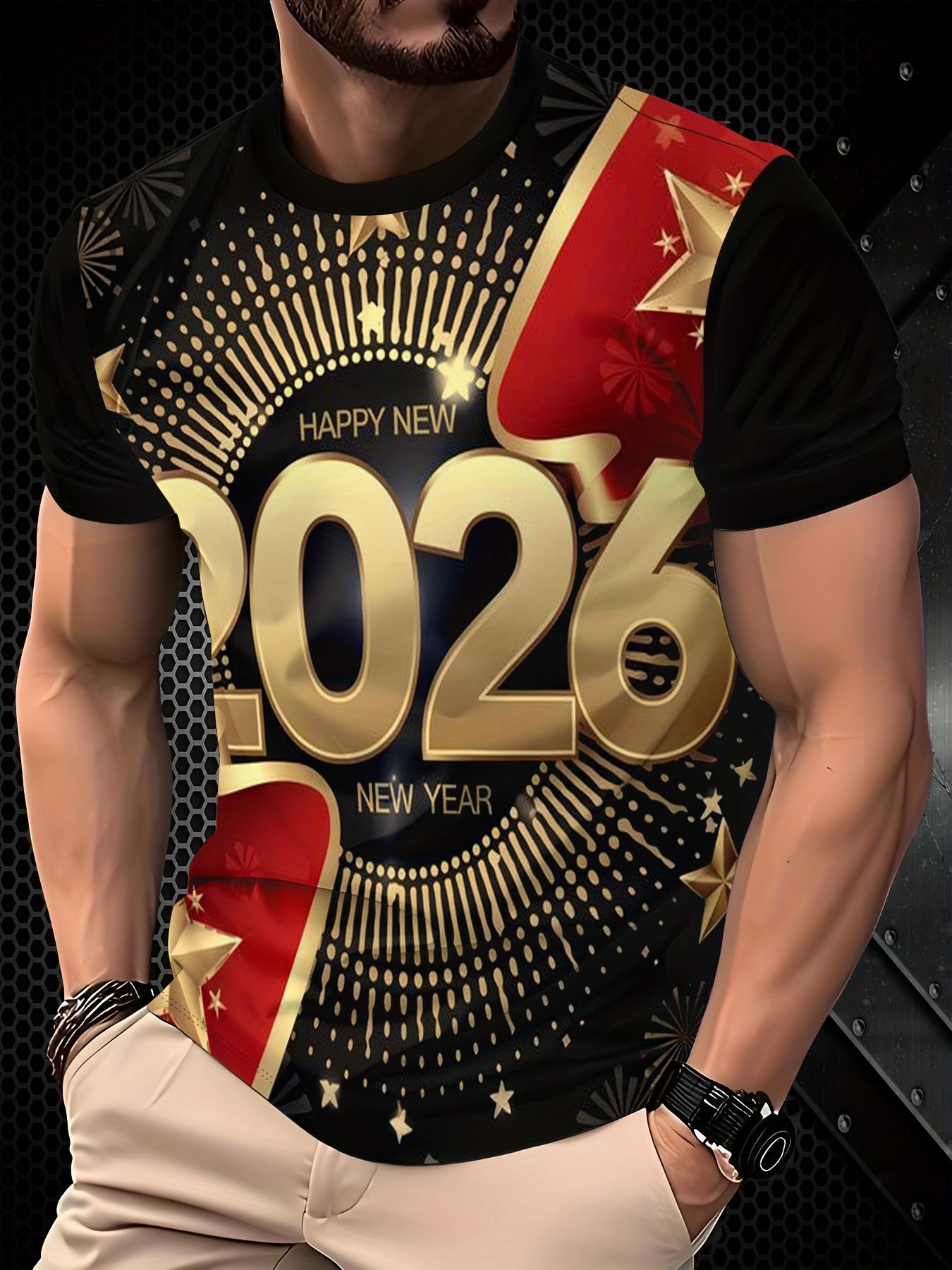

Men s 3D Printed T-Shirt with 2025 New Year and Gold Numbers Design - Breathable Soft Fabric, Red and Gold Glitter Party Shirt XL