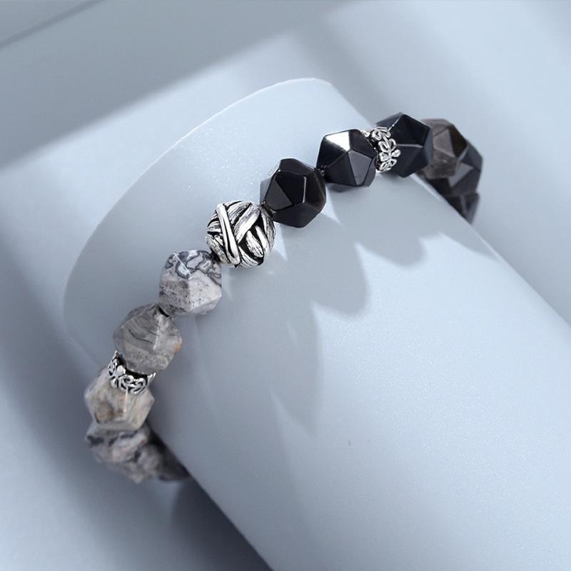 925 Silver Obsidian Bead Bracelet for Men and Women, Niche High-end Bracelet, Map Stone Bracelet