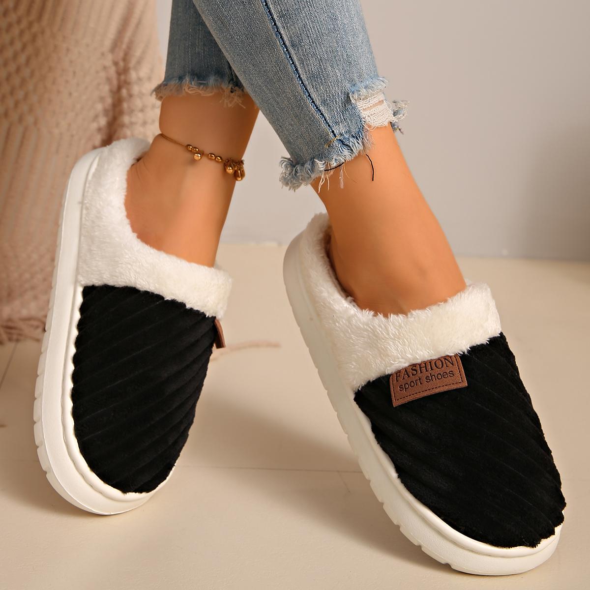 

Fashion 2025 New Women Slippers Winter Unisex Concise Flat Plush Slippers Home Casual Cotton Shoes Non-slip Warm Fluffy Slides Women 42-43 чёрный