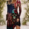 Women Criss Cross V Neck Long Sleeve Skull US Flag Rose Print Dress Curved Hem