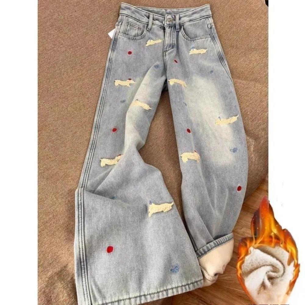Women's High Rise Wide Leg Jeans Fleece Lined Vintage Washed Denim Loose Straight Leg Pants Dachshund Embroidery Casual Commuter Winter Denim Trousers