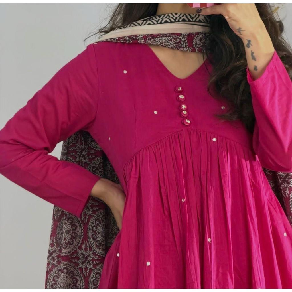 Premium Cotton Aline Kurti Pant Dupatta Set Women Party Wear Salwar Kameez Kurta