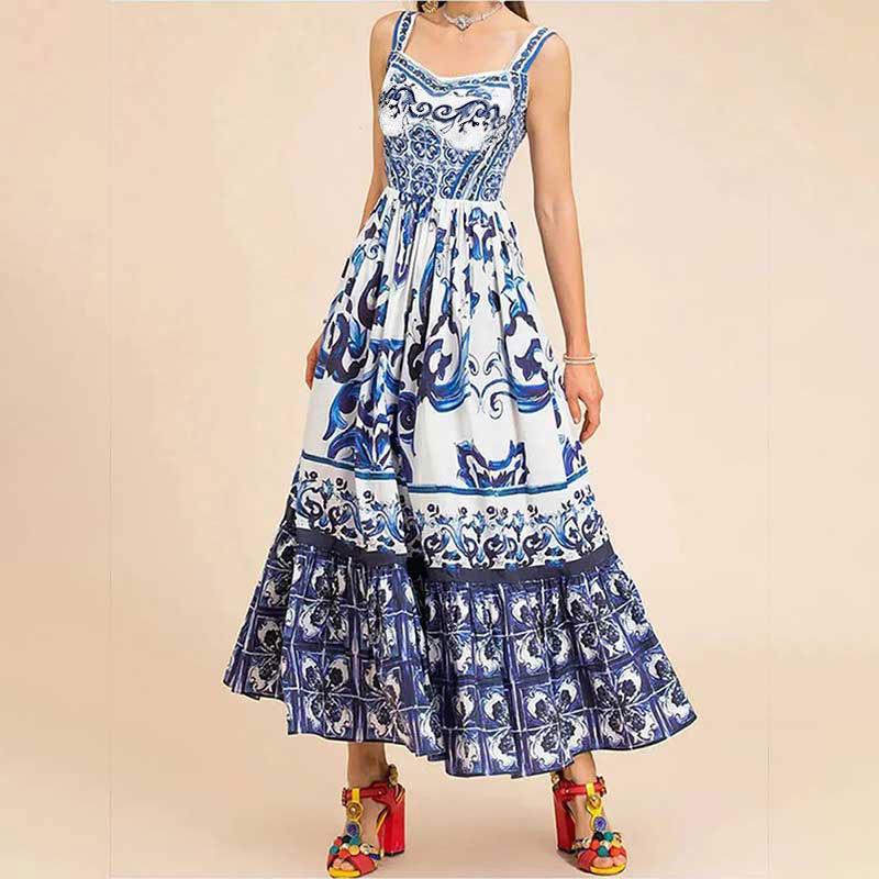 2026 Spring Women s European and American Style Printed Ruffle Dress with Waist Cinching L синий чертежный