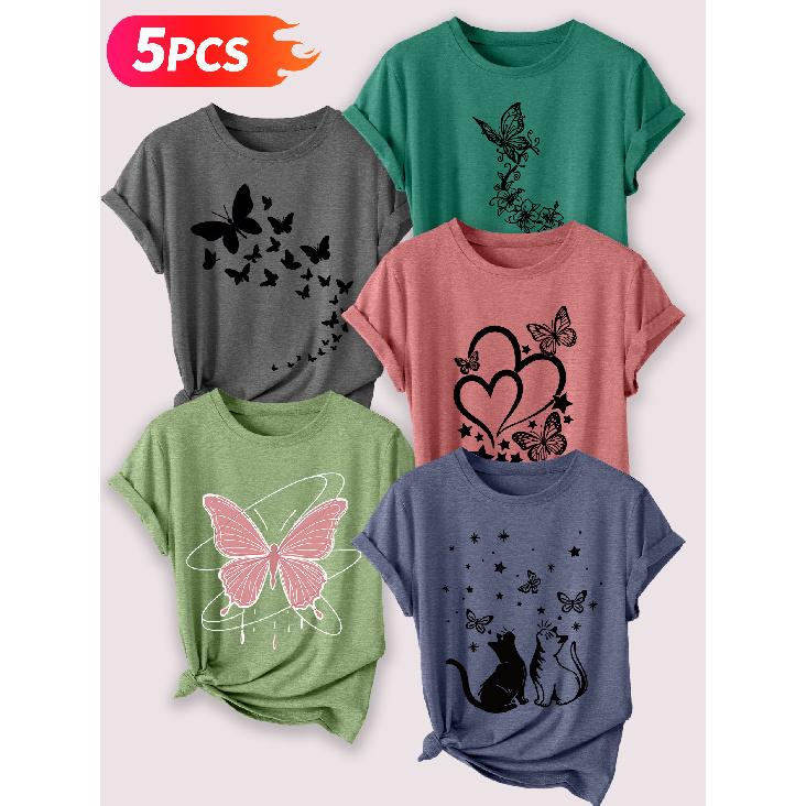 Follow a specific direction Five-piece set for women T Shirt Butterfly and cat motif vintage print Summer Casual Elegant Women's Clothing Short