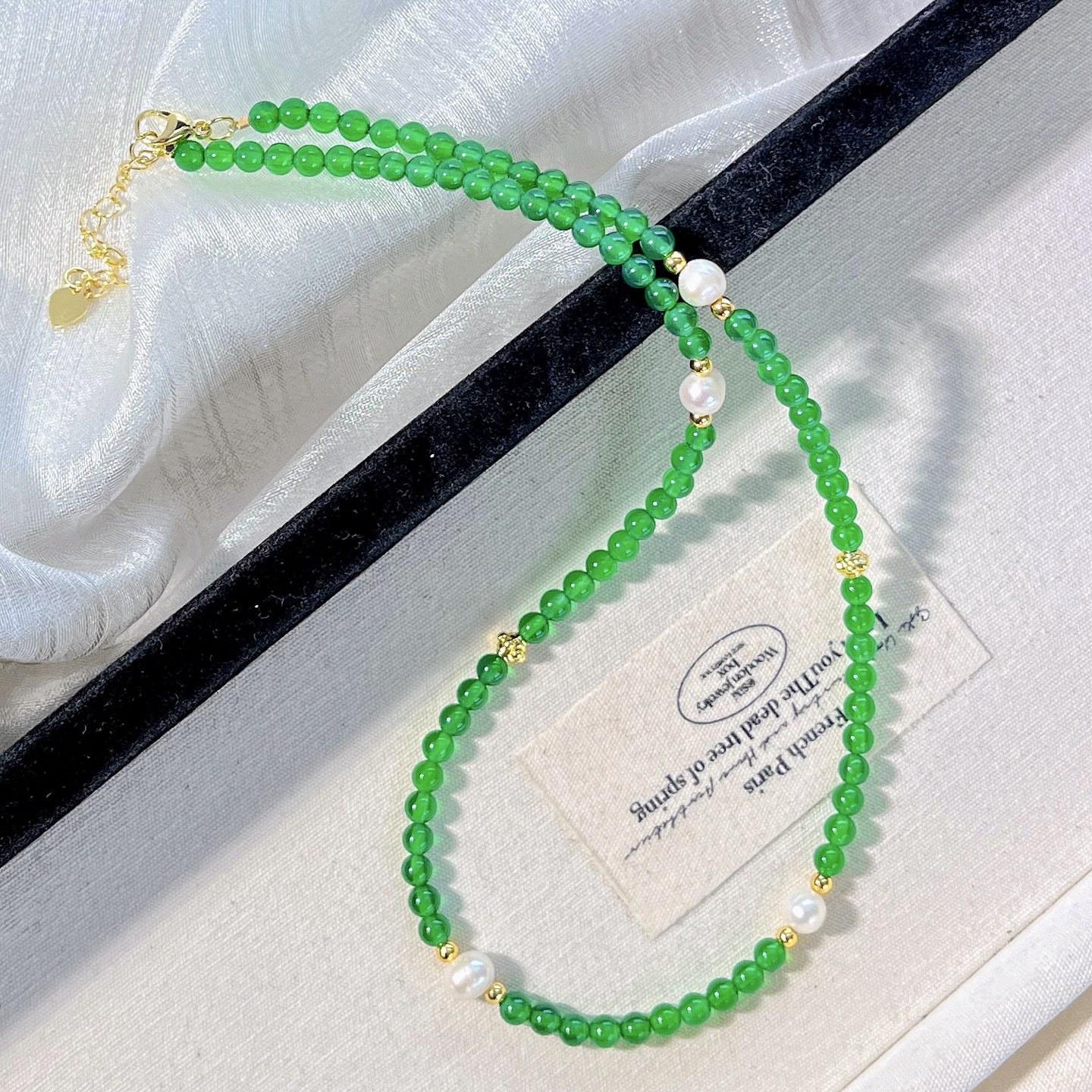 4Mm High Quality Ice-Permeable Imperial Green Natural Chalcedony Freshwater Pearl Design Clavicle Chain Necklace