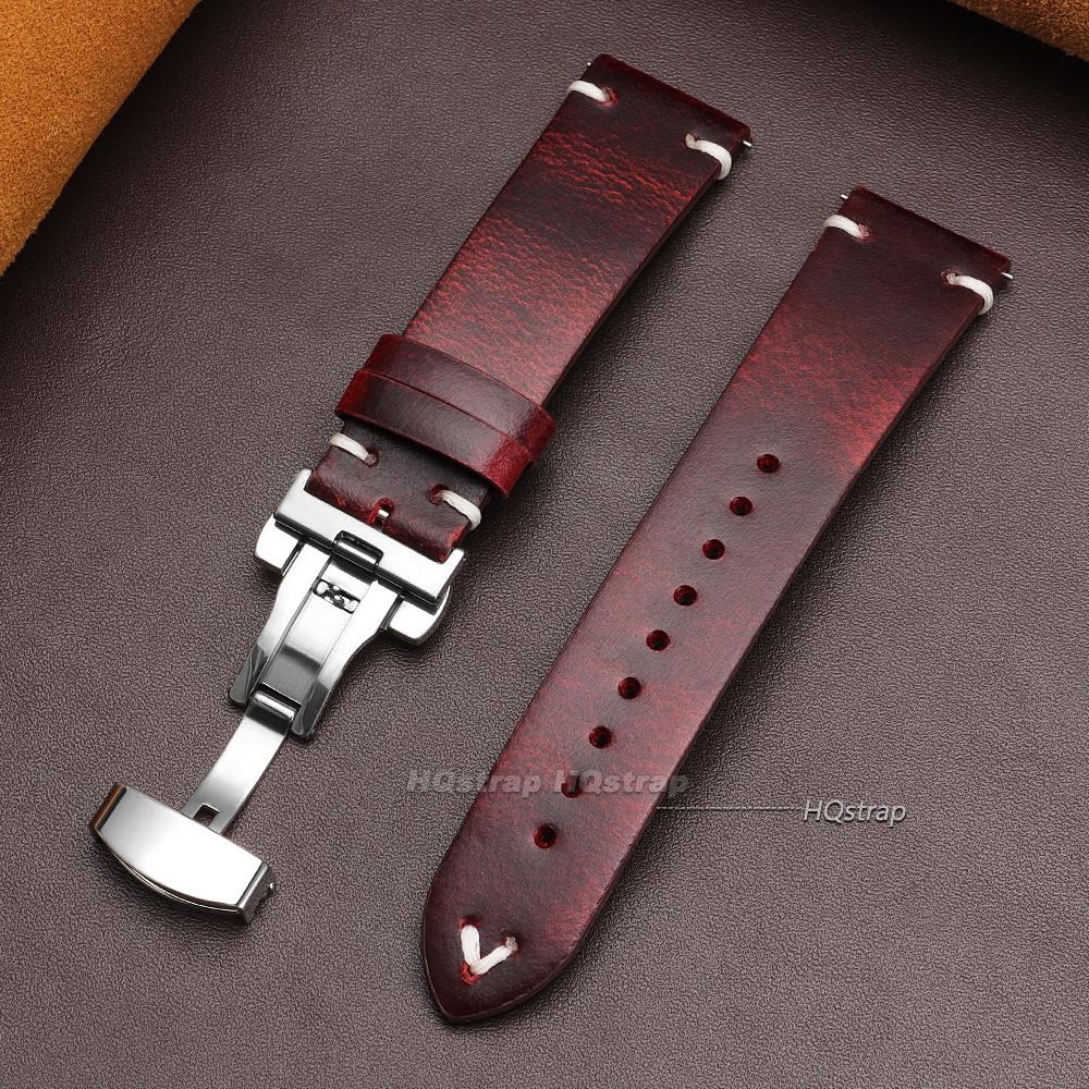 Vintage 18mm 20mm 22mm Cowhide Watch Strap Quick Release Wrist Band Butterfly Buckle Leather Bracelet Stitching Brown Straps