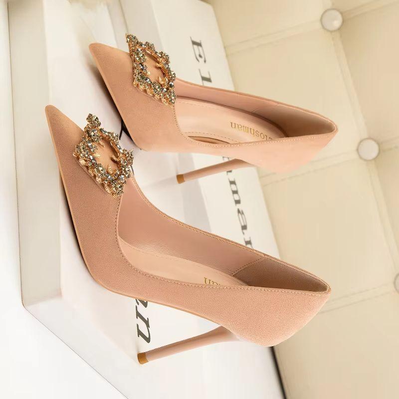 Fashion HOT High Heels Shoes Woman Basic Pumps Nude Flock Cloth Shiny Diamond Buckle Shallow Work Shoe Fashion Sexy Women Shoes Pumps