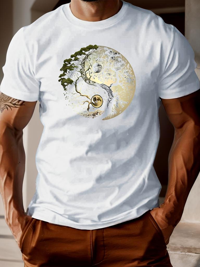 Mens tree pattern Tshirt dark green casual summer short sleeved round neck top lightweight and breathable fabric suitable