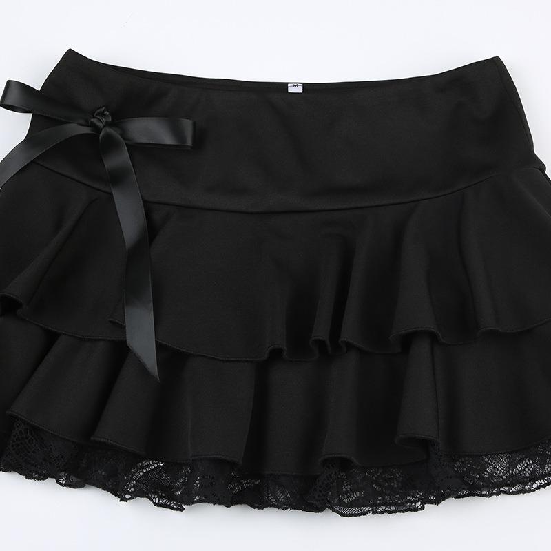 Women's Dark Pure Desire Spice Girl Lace Splicing Bowknot Halter Skirt Low Waist Sexy Ballet A-Line Cake Short Skirt