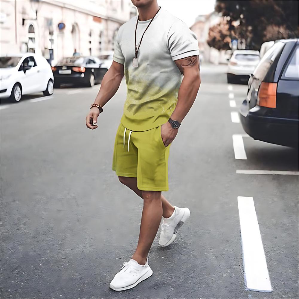 Men Summer Sets T Shirt Shorts 2 Piece Outfits Mesh Workout Tracksuits Oversized T-shirts Suits Print Sportswear Men's Clothing