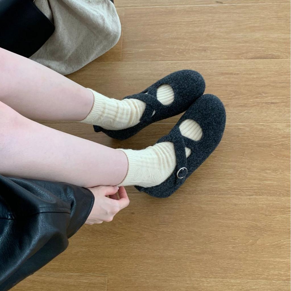 2025 Autumn and Winter New Round Head Lace-up Thick Sole Strap Ballet Woolen Fabric Doudou Non-slip Women's Single Shoes