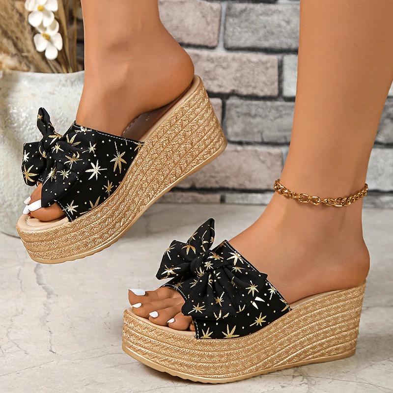 Fashion Star Bowtie Chunky Platform Wedge Sandals Women Summer 2025 Thick Bottom High Heels Slides Women Plus Size 35-42 Slippers Shoes