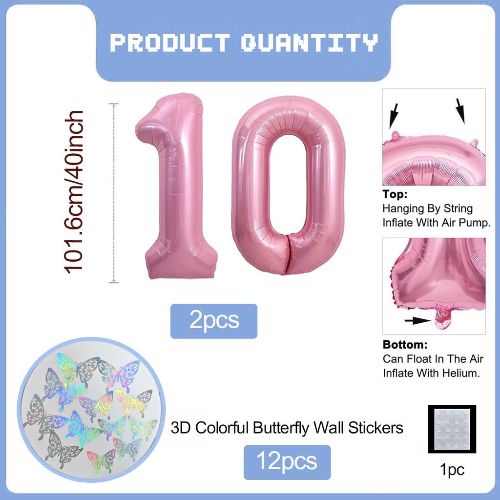 Pink Butterfly Number Balloon, 3D Stereoscopic Butterfly Number 0-9 Used for Anniversary Birthday Party Photography