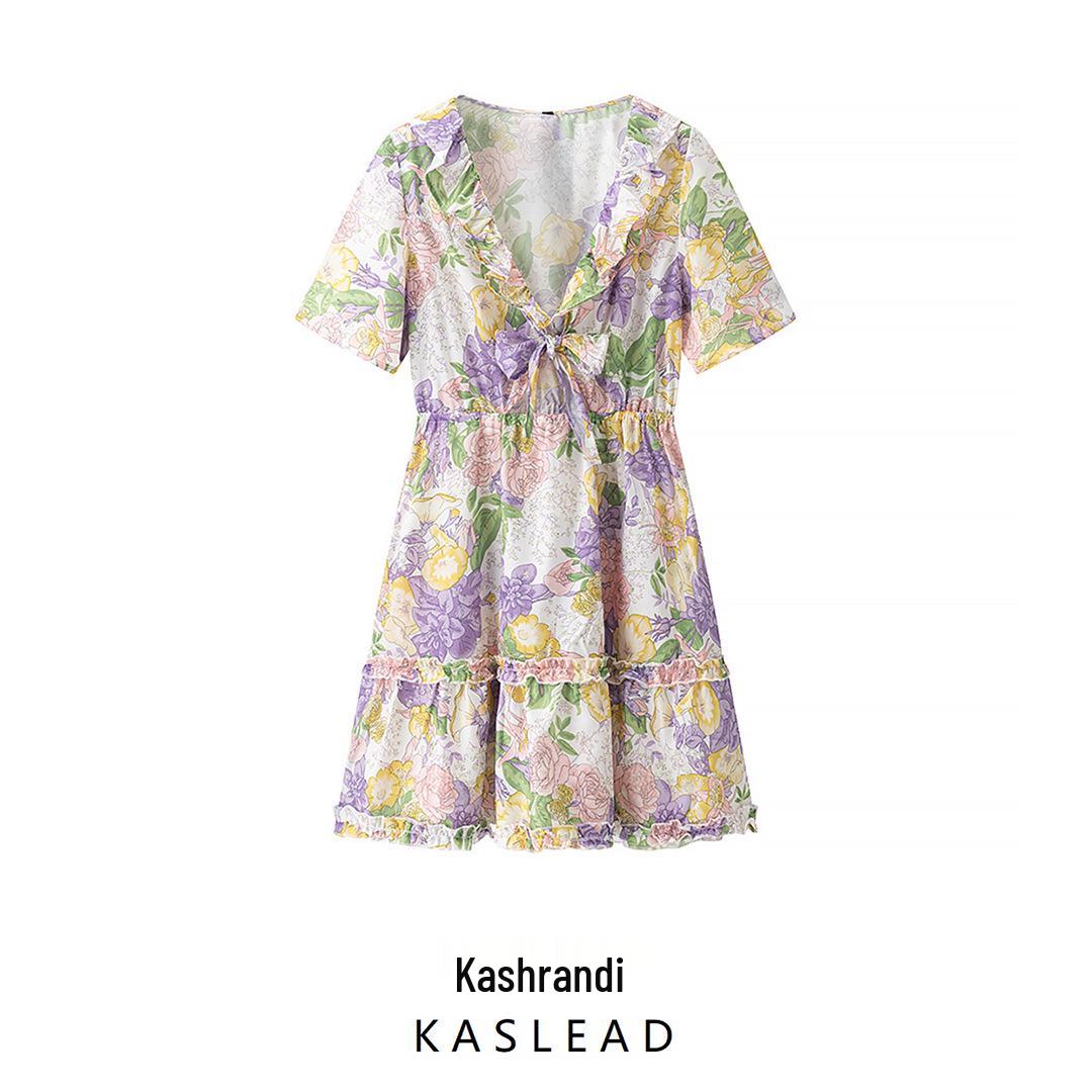 

2025 Spring Women s European & American Style Front Tie Print Dress S