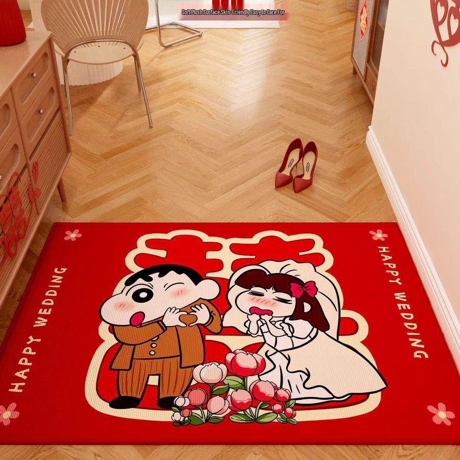 Crayon Shin-chan Double Happiness Velvet Carpet - Wedding Bedroom Cartoon Entrance Mat, Wear & Dirt Resistant
