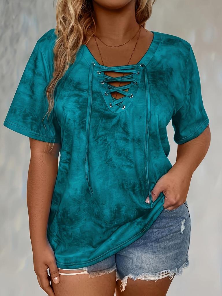 Top Casual da Donna a Manica Corta Tie Dye con Lacci e Scollo a V Taglie Forti