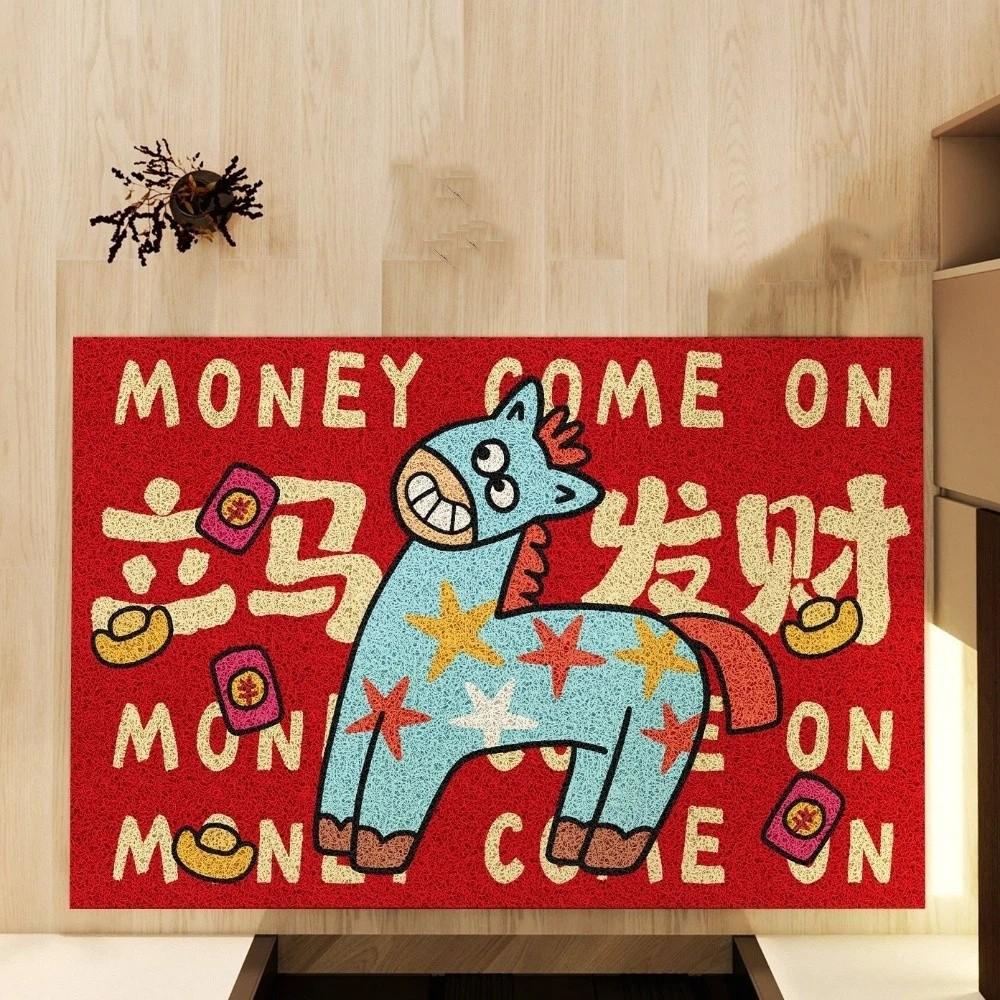 Cute Anti-slip Chinese New Year Doormat Stain Proof Cartoon Horse Pattern Carpet Wear-Resistant Red Entrance Mat Home Decor
