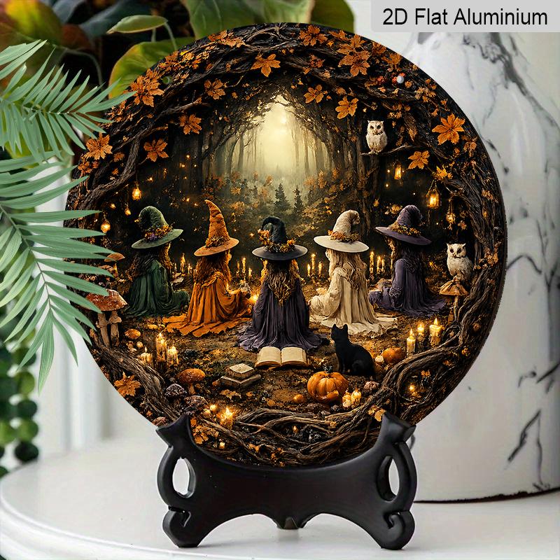 2D Flat, 1pc Round Aluminum Hanging Sign, Five Witches Gathering Dark Autumn Forest Owl Black Cat Pumpkin Print, Vintage Witchy Halloween Fall Front
