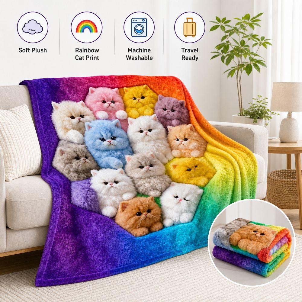 150x130cm Plush Blanket Rainbow Gradient Nap Blanket Cat Print Blanket for Kids Room Home Travel