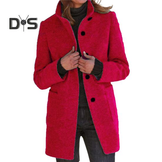 Abrigo de otoño-invierno para mujer, cuello alto, grueso, cálido, suave, largo medio, color liso, bolsillos, botonadura sencilla, abrigo grueso para mujer