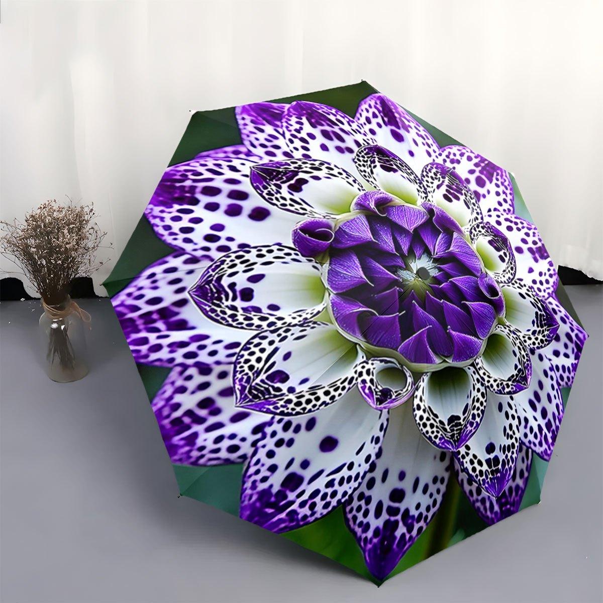 

Automatic Folding Umbrella with Vibrant Purple & White Floral Pattern - Portable Collapsible Design, 8-Rib Durable Frame, Comp (as the picture,Iron&8K)