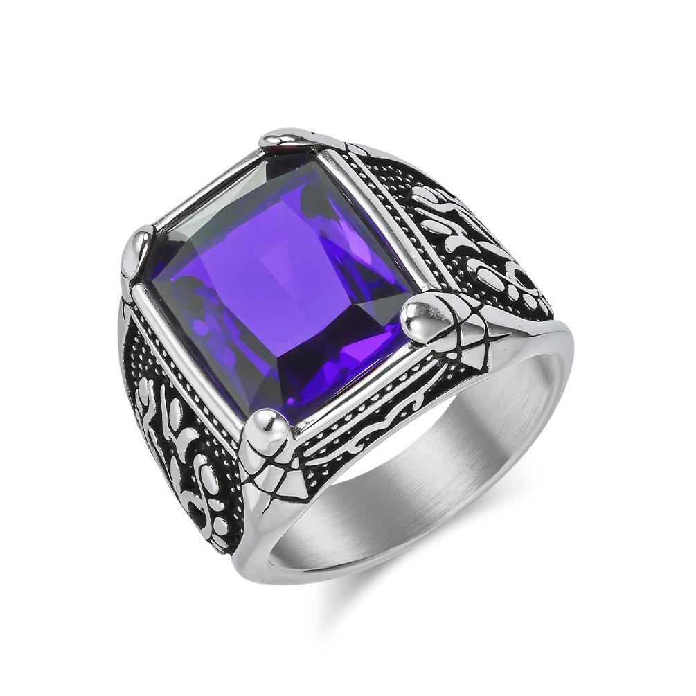Vintage Tulip Men's Ring Stainless Steel Thumb Ring with Inlaid Glass Gemstone Retro Aesthetic Jewelry for Him