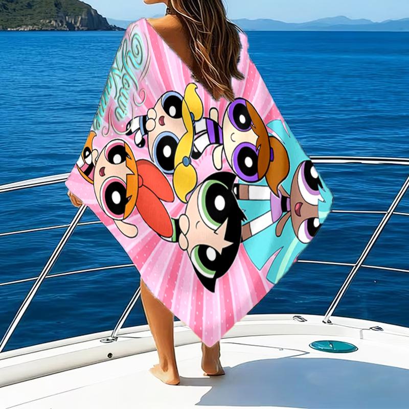 1pc Powerpuff Beach Towel with Custom Name, Beach and Seaside Swimming Pool Equipment, Fashion Pattern, Rectangular, Travel Essential