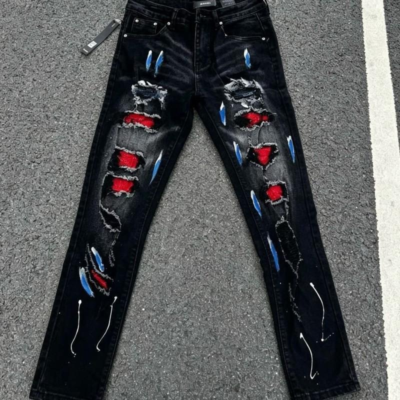 Mens Slim Fit Jeans Punk Style Distressed Printed Denim Pants Teens Casual Wear
