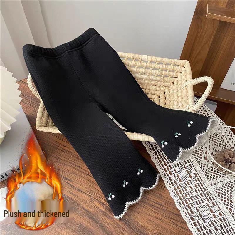 Girls' Velvet Bell-Bottom Pants - Cozy Autumn/Winter Korean-Style Trendy Warm Long Pants
