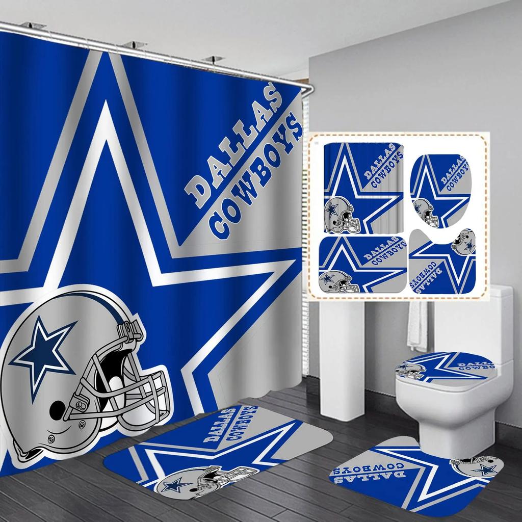 White Navy Blue American Football Shower Curtain Set,Modern Texas Star Rugby Athlete Helmet Sports Bathroom Set Non-Slip Mat Rug