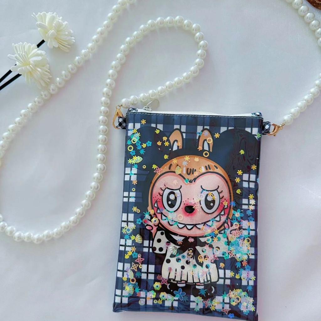 Labubu cartoon print quicksand mobile phone bag coin purse key bag zipper storage crossbody bag KTY